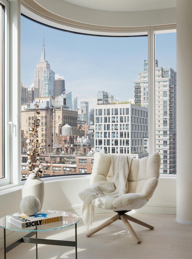 living area with baseboards, a view of city, and wood finished floors