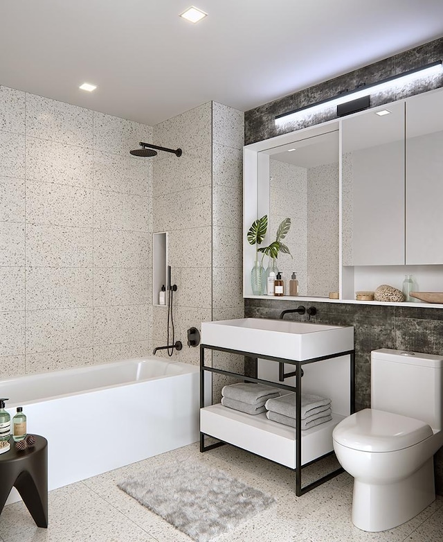 181 E 101st St Unit 809, New York City, NY 10029 - bathroom with  shower combination, toilet, vanity, and tile walls