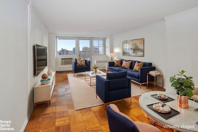 living room featuring crown molding, light parquet floors, and radiator heating unit