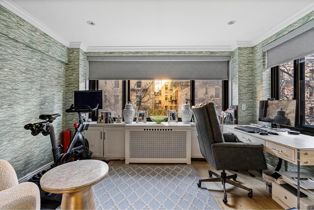 bedroom featuring crown molding and light hardwood / wood-style flooring