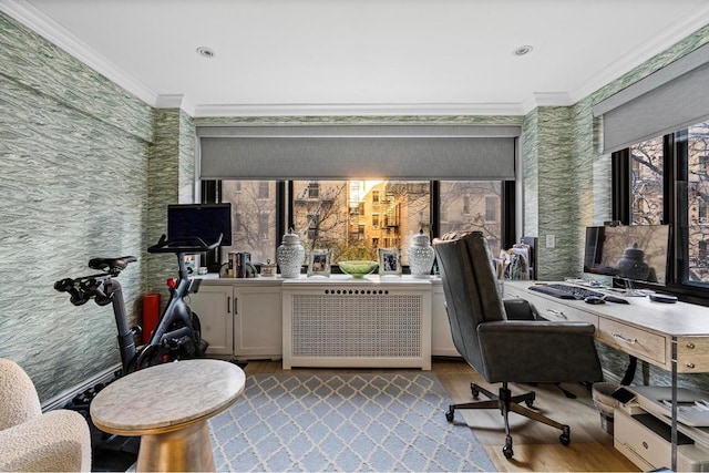 office area featuring ornamental molding and light hardwood / wood-style floors