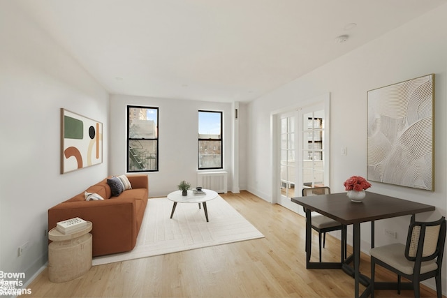 living room featuring light hardwood / wood-style floors and radiator