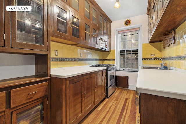 kitchen featuring light wood-type flooring, a sink, glass insert cabinets, appliances with stainless steel finishes, and decorative backsplash