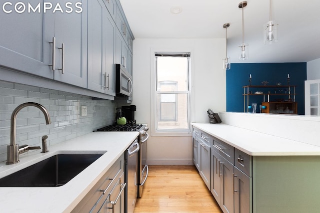 kitchen with tasteful backsplash, sink, hanging light fixtures, light wood-type flooring, and appliances with stainless steel finishes