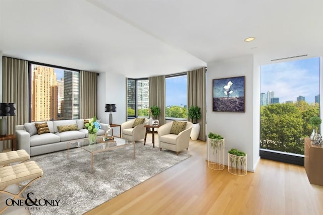 living room with plenty of natural light, floor to ceiling windows, and light wood-type flooring