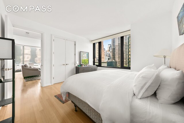 bedroom with a closet and light wood-style flooring