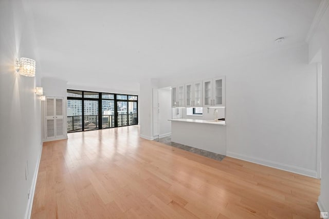 unfurnished living room featuring expansive windows and light wood-type flooring