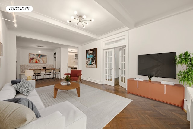 living room with beam ceiling, french doors, a notable chandelier, and dark parquet flooring