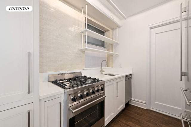 kitchen featuring sink, white cabinetry, dark hardwood / wood-style flooring, and stainless steel appliances