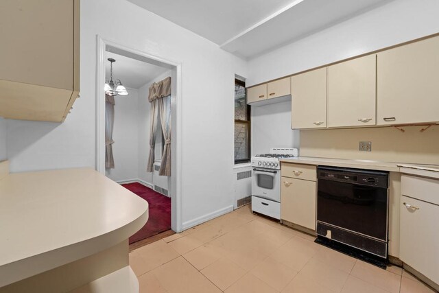 kitchen with black dishwasher, cream cabinets, gas range oven, light countertops, and pendant lighting