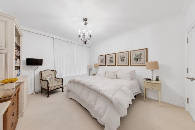 bedroom with light carpet, baseboards, a chandelier, and crown molding