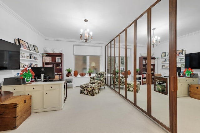 535 W End Ave Unit 8A, New York City, NY 10024 - office area with a chandelier, french doors, crown molding, and light colored carpet