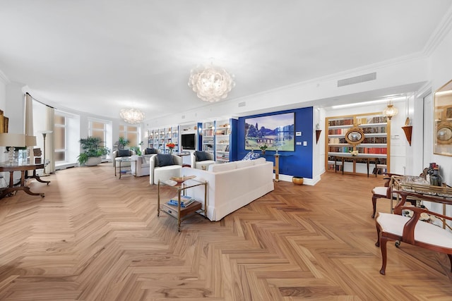 living area with visible vents, an inviting chandelier, and crown molding