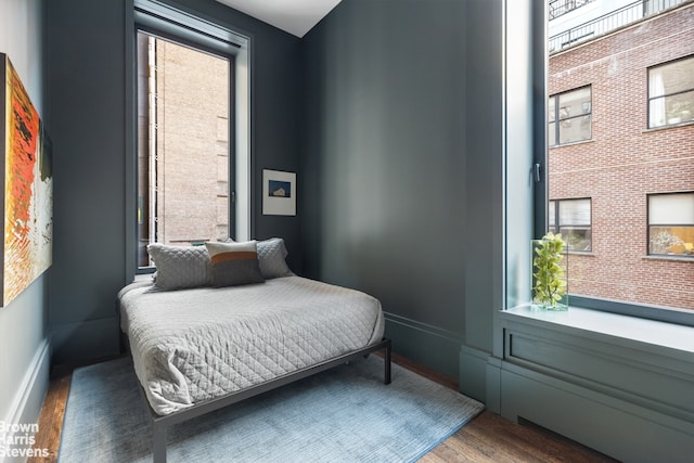 bedroom featuring multiple windows and wood finished floors