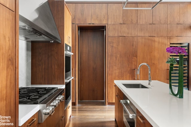 kitchen featuring stainless steel appliances, light countertops, a sink, ventilation hood, and wood finished floors