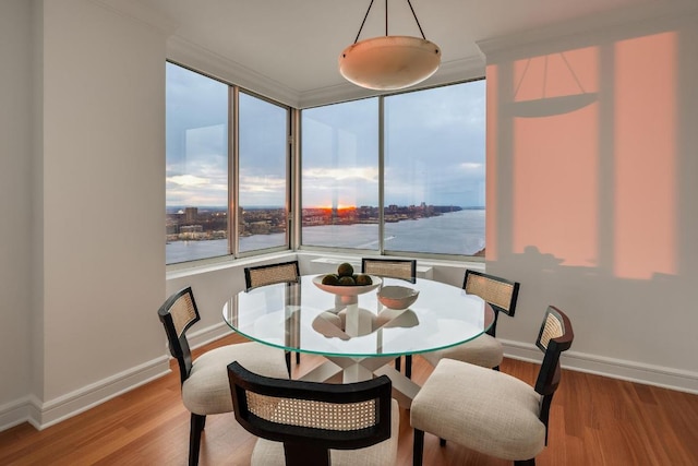 dining area featuring light wood-type flooring, crown molding, and a water view