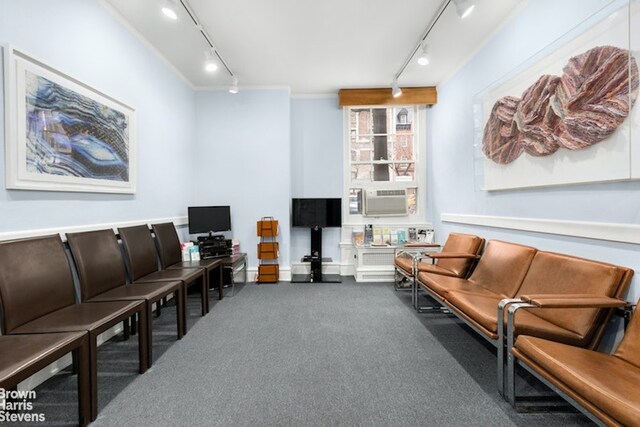 interior space featuring cooling unit, crown molding, track lighting, and carpet flooring