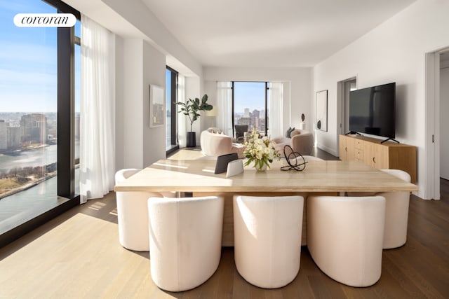 dining space with wood finished floors