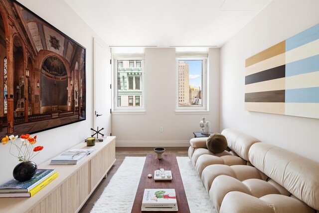 living room with dark hardwood / wood-style flooring