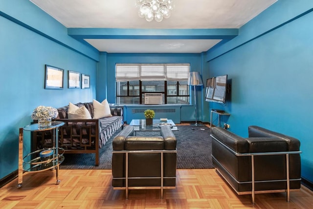 interior space featuring parquet flooring, radiator, beam ceiling, and a chandelier