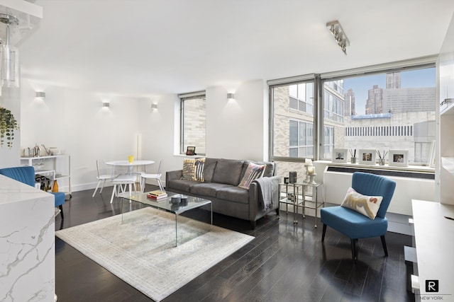 living area featuring a view of city, dark wood finished floors, and baseboards