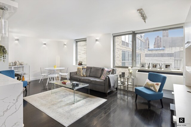 living room with dark wood-style floors, baseboards, and a city view