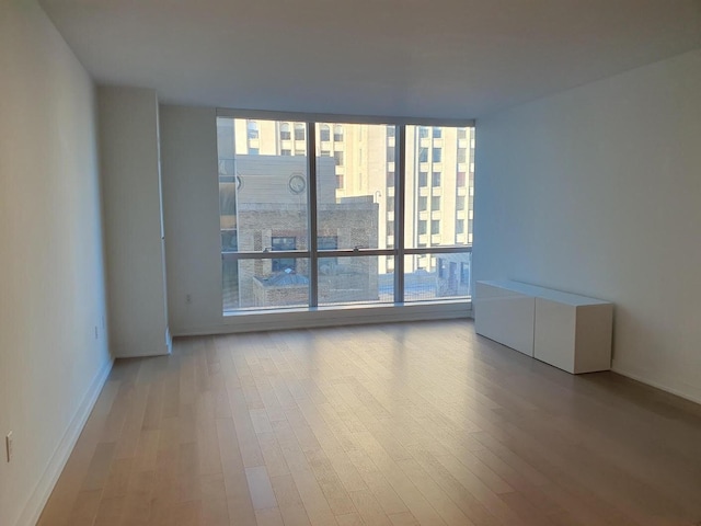 spare room featuring expansive windows, baseboards, and wood finished floors