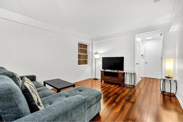 living room with dark hardwood / wood-style flooring