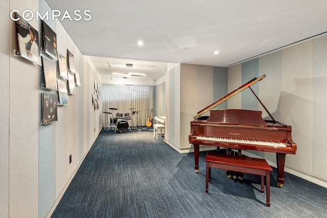interior space featuring recessed lighting, wallpapered walls, carpet floors, and baseboards
