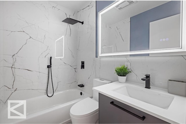 full bathroom with visible vents, decorative backsplash, toilet,  shower combination, and vanity