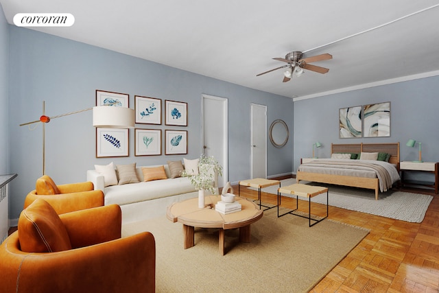 bedroom with ceiling fan and light parquet flooring