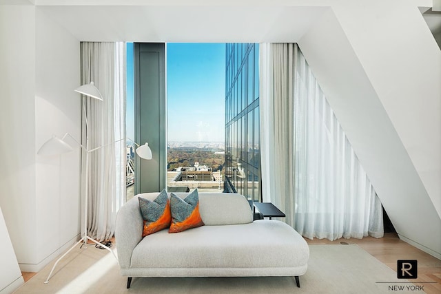living area featuring a wall of windows and wood finished floors