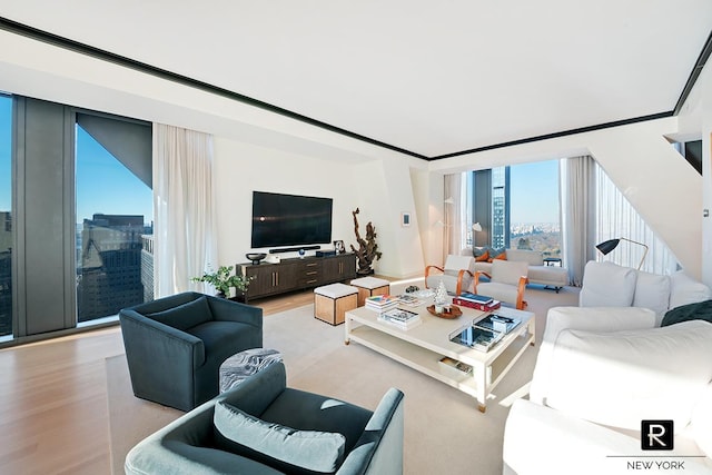 living room featuring floor to ceiling windows and wood finished floors