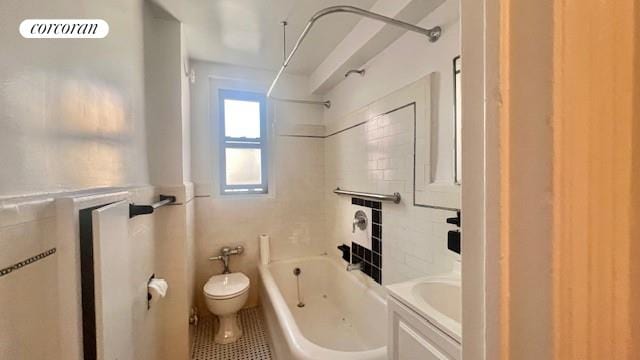 319 E 50th St Unit 5G, New York City, NY 10022 - full bath featuring vanity,  shower combination, tile patterned floors, and tile walls