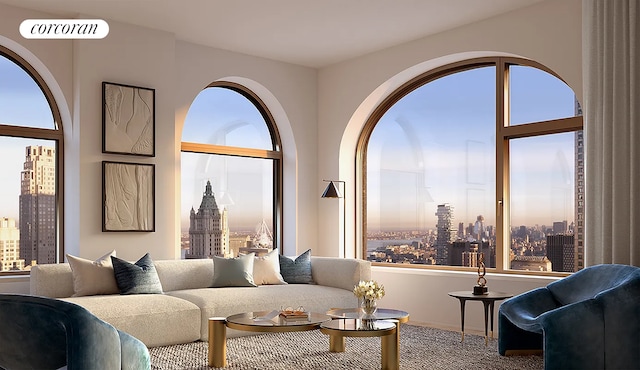 living room with a view of city and visible vents