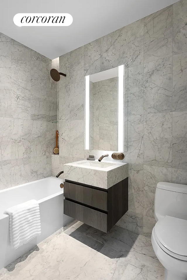 bathroom with marble finish floor, bathing tub / shower combination, tile walls, toilet, and vanity