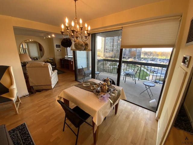 dining room featuring a notable chandelier, light wood-style flooring, and a healthy amount of sunlight