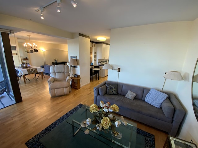 living area featuring track lighting, a chandelier, and light wood-style floors