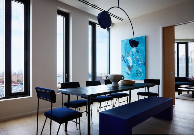 dining space featuring wood finished floors and baseboards