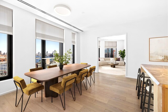 30 Front St Unit 28B, New York City, NY 11201 - dining space featuring light wood-style floors, healthy amount of natural light, baseboards, and a city view