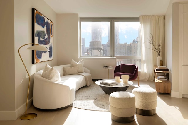 sitting room with baseboards, wood finished floors, and a city view