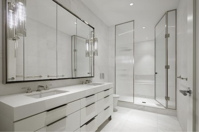 bathroom with vanity, toilet, and an enclosed shower