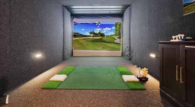 playroom featuring golf simulator and carpet flooring