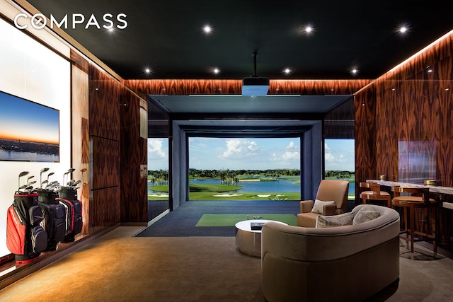 cinema featuring wood walls and golf simulator