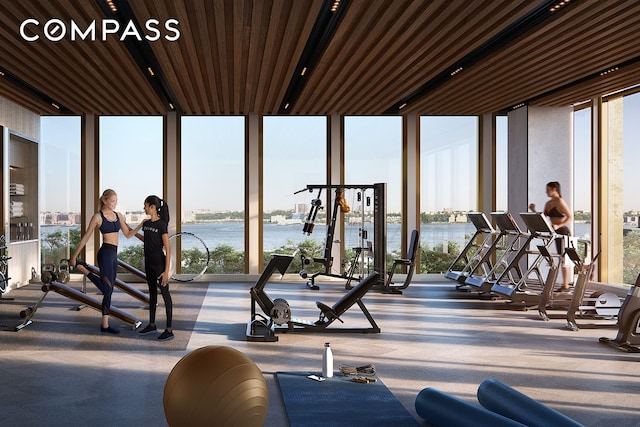 workout area with a water view, carpet floors, and floor to ceiling windows