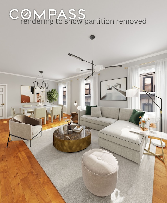 living room with a notable chandelier, ornamental molding, and light wood finished floors