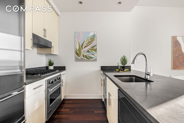 kitchen featuring dark countertops, under cabinet range hood, stainless steel appliances, and a sink