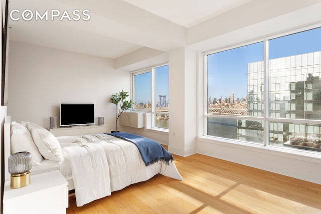 bedroom featuring light wood-type flooring and multiple windows