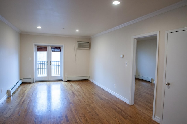 712 6th Ave Unit 4, New York City, NY 11215 - unfurnished room with baseboard heating, a baseboard heating unit, wood finished floors, french doors, and ornamental molding