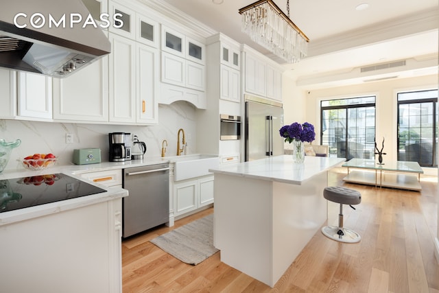 kitchen featuring a sink, stainless steel appliances, light wood-style floors, under cabinet range hood, and white cabinetry